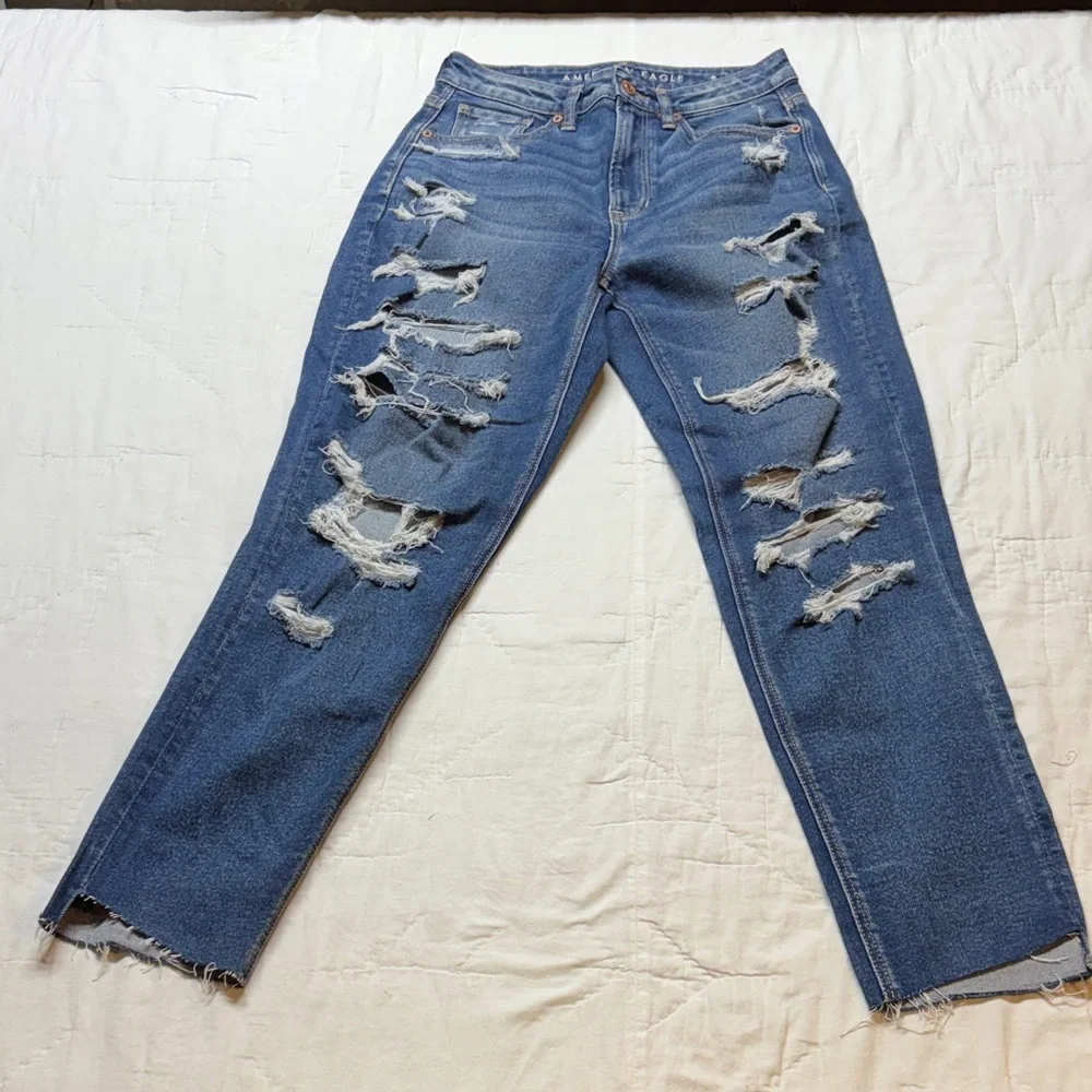 American‎ Eagle 90s/Y2K Distressed Rigid Denim High-Rise Straight Jeans 4 Light